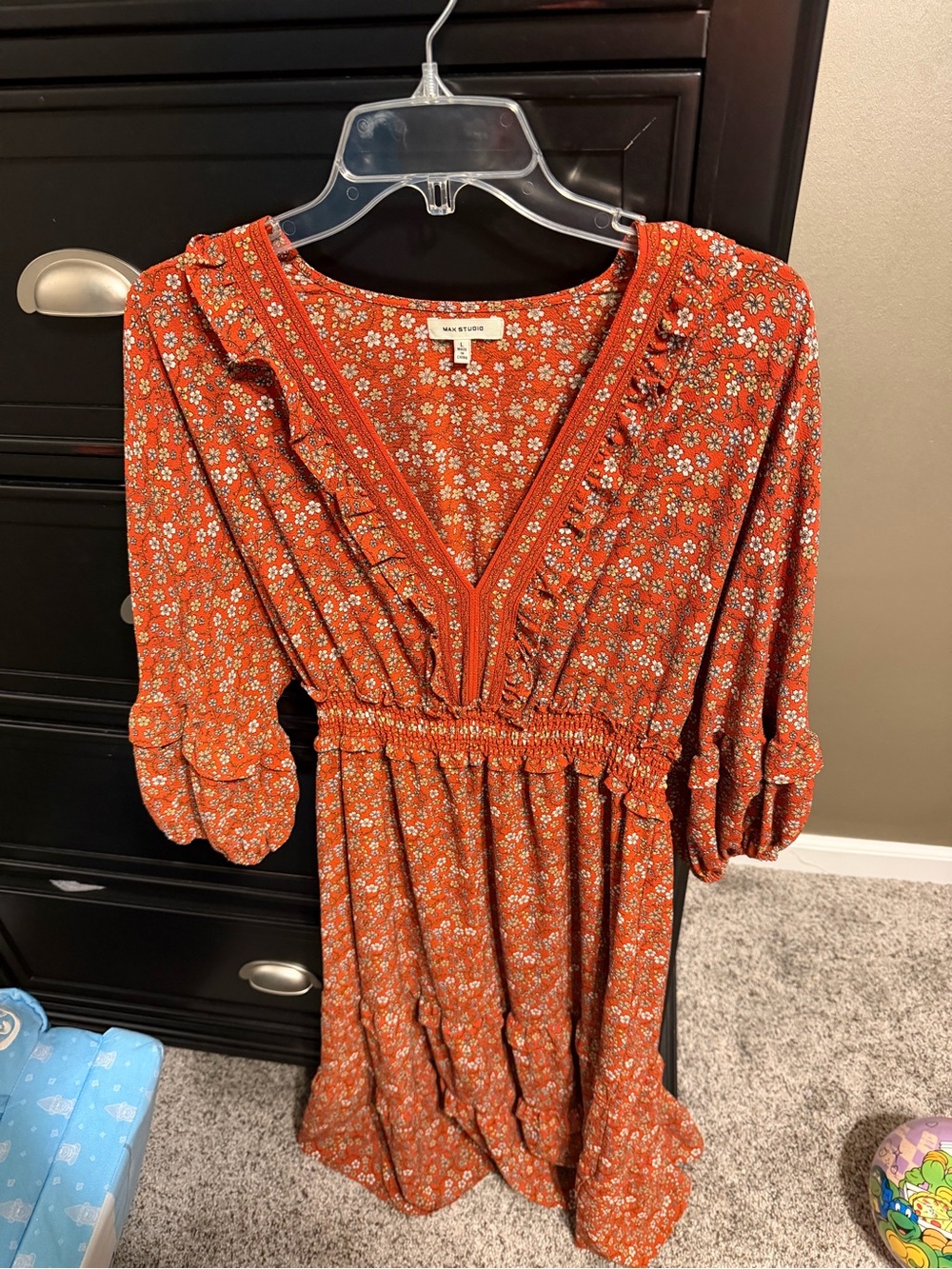 Women's Rust Floral V-Neck Long Sleeve Dress